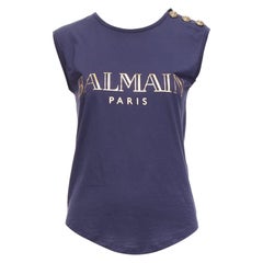 BALMAIN Marineblaues Militär-Tanktop mit goldenem Folie-Logo und Knopfleiste FR34 XS