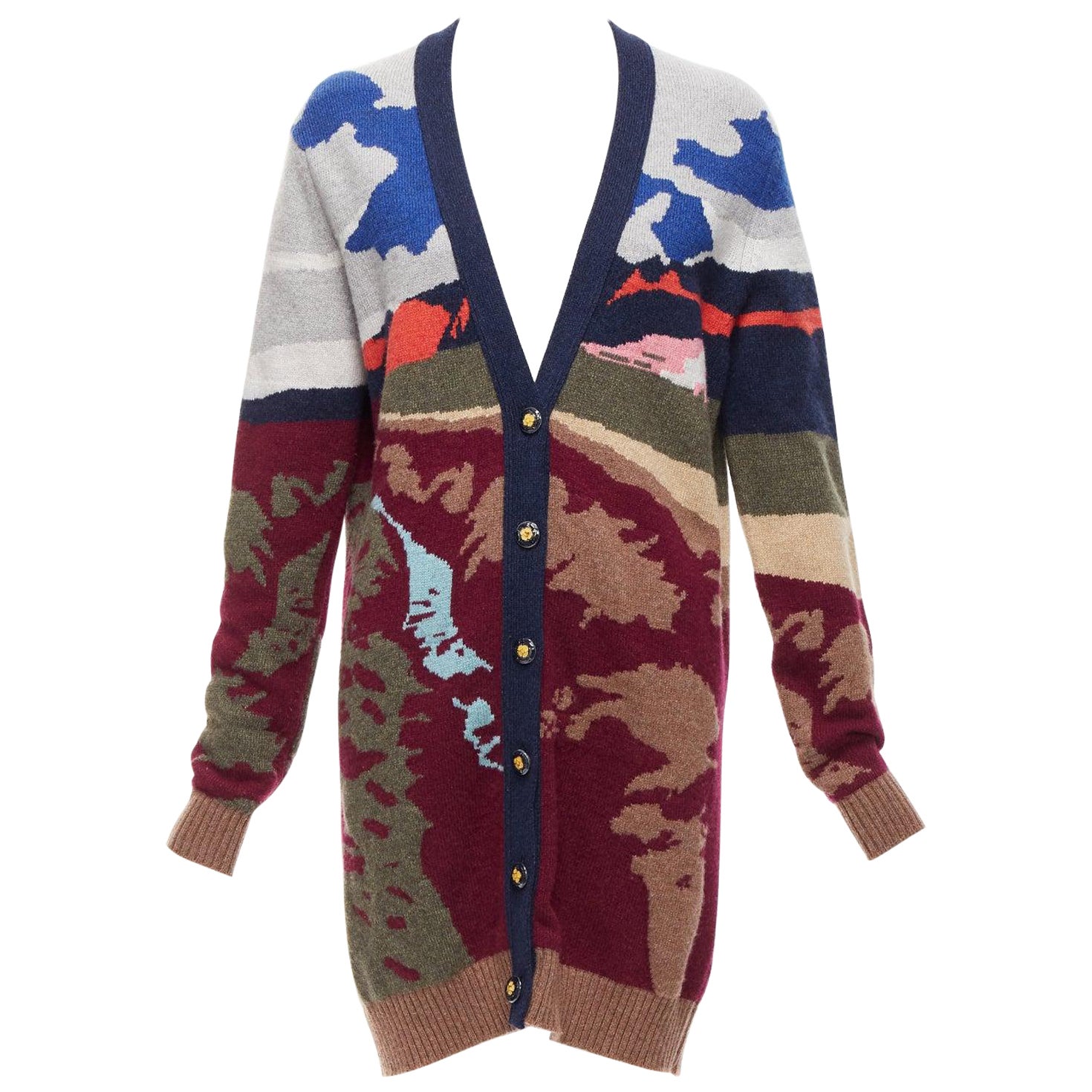 BARRIE 100% Kaschmir farbenfrohe Landschafts-Intarsien tiefe V lange S Strickjacke im Angebot
