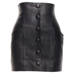 BALMAIN black lambskin leather button front high waisted mini skirt FR34 XS
