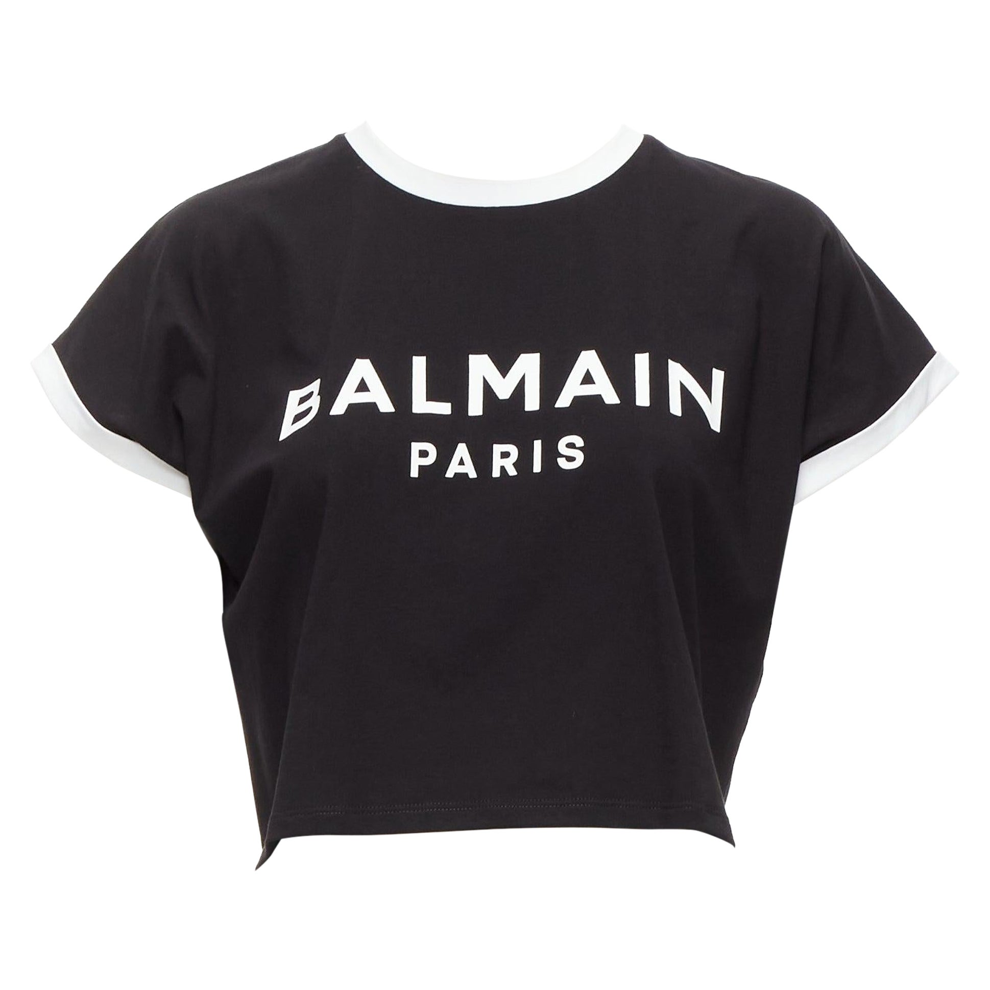 BALMAIN black white logo cap short sleeve ringer cropped tshirt XXS For Sale
