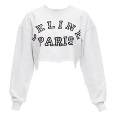 CELINE Runway grey cotton varsity logo cutoff sweatshirt crop top XS