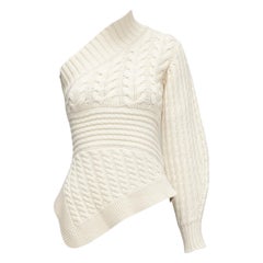 BURBERRY 100% Kaschmir Cremefarbener Pullover mit einer Schulter und gemischter Kabelstrickjacke XS