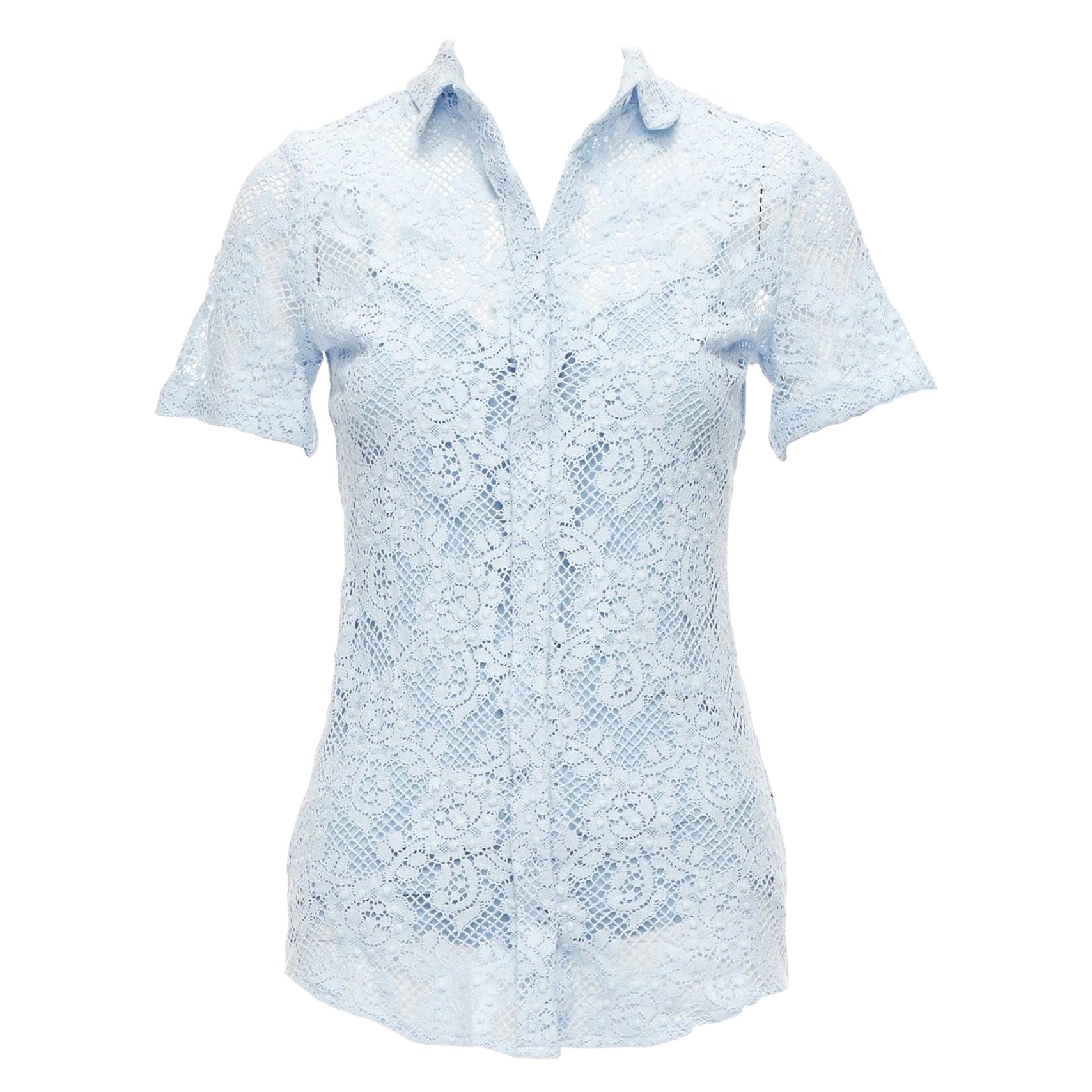 BURBERRY 2014 Pasarela camisa vestido manga corta encaje floral azul bebé IT36 XXS en venta