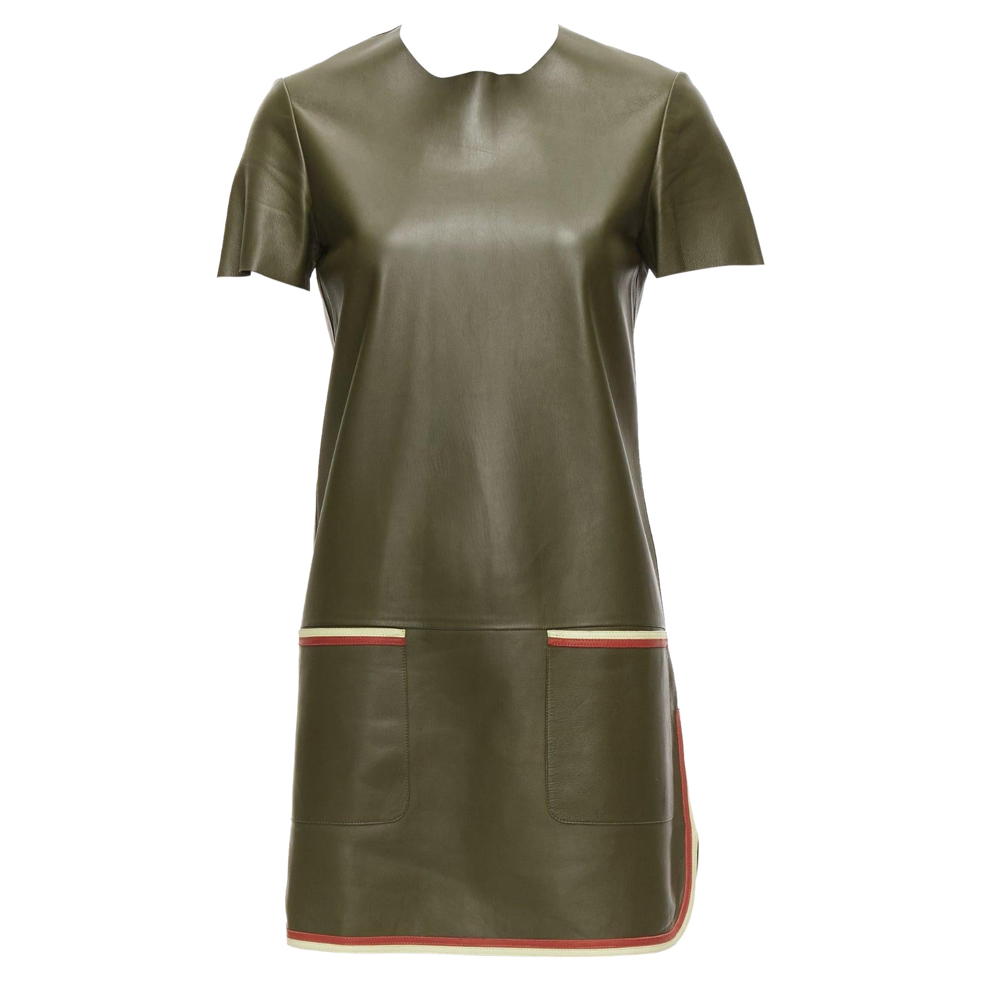 OLD CELINE Phoebe Philo olive green leather red cream trim mod dress FR38 M For Sale