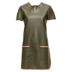 OLD CELINE Phoebe Philo olive green leather red cream trim mod dress FR38 M