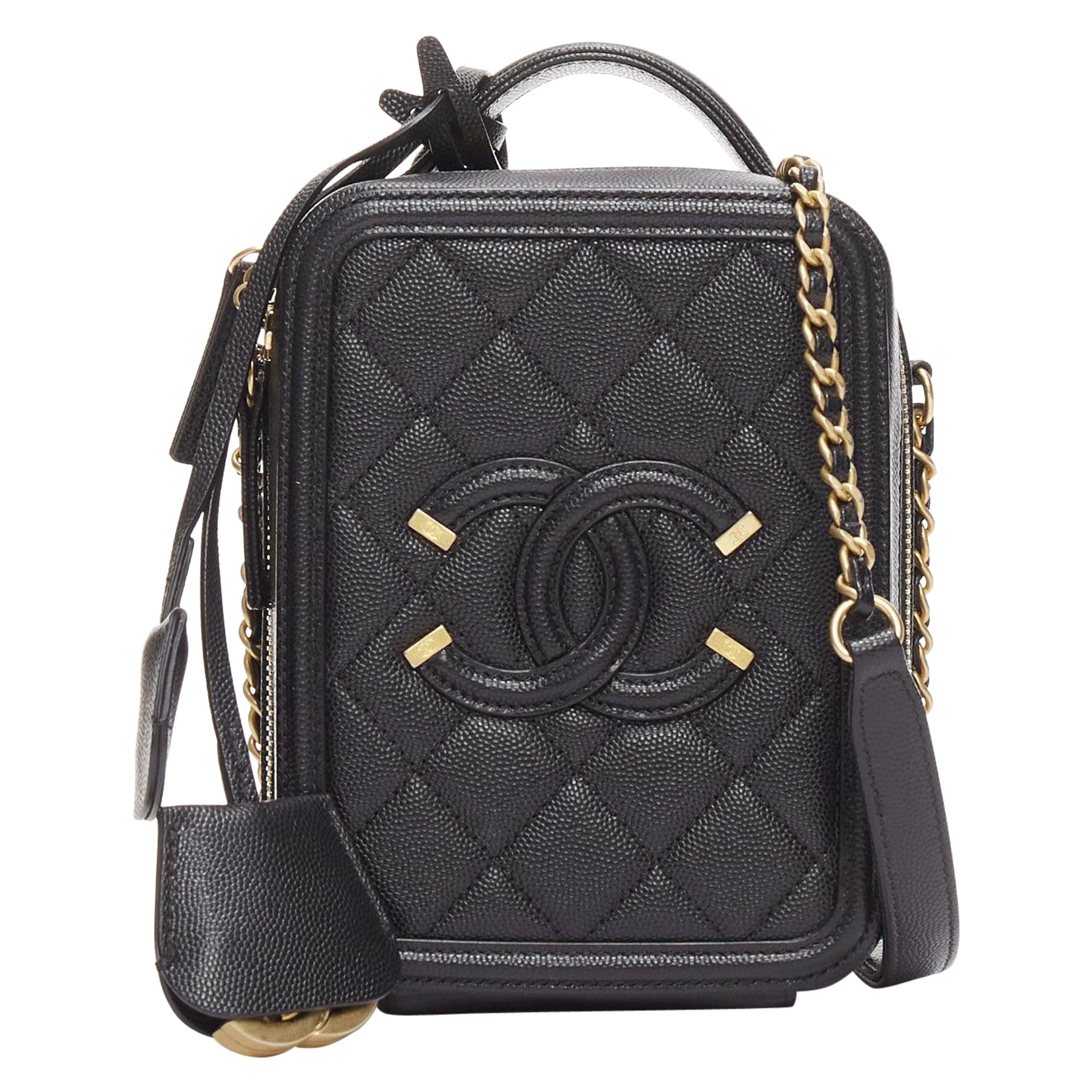CHANEL N/S Vanity Vertical black filigree gold CC logo small crossbody bag For Sale