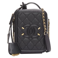 CHANEL N/S Vanity Vertical black filigree gold CC logo small crossbody bag