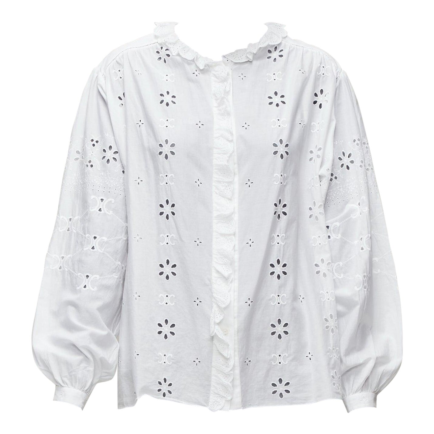 CELINE white triomphe logo lace eyelet embroidery peasant shirt FR40 L For Sale