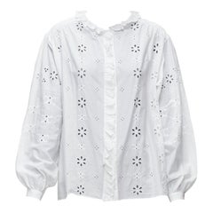 CELINE white triomphe logo lace eyelet embroidery peasant shirt FR40 L