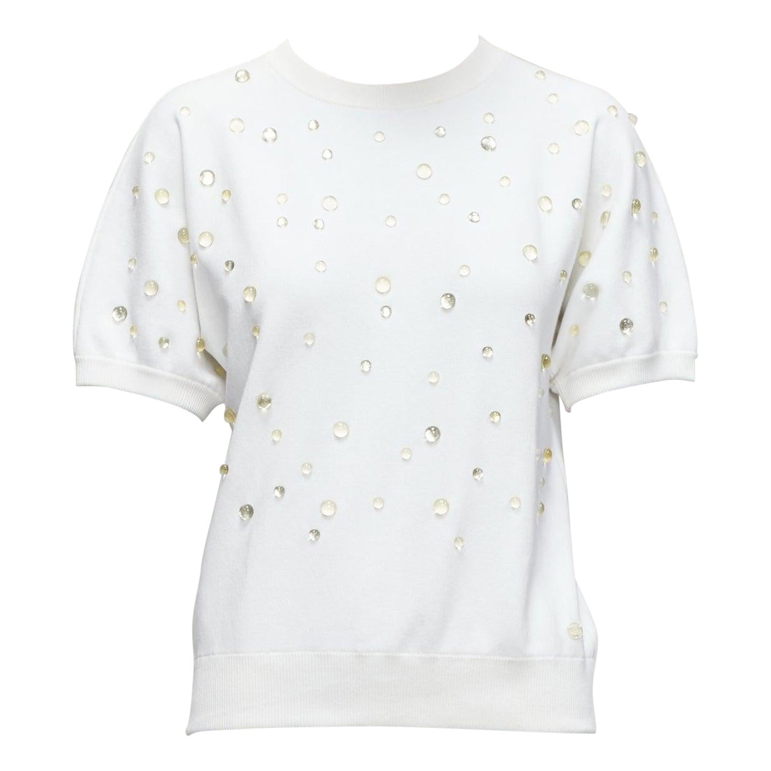 CHANEL 2018 water drop embellished cotton short sleeve pullover sweater FR36
