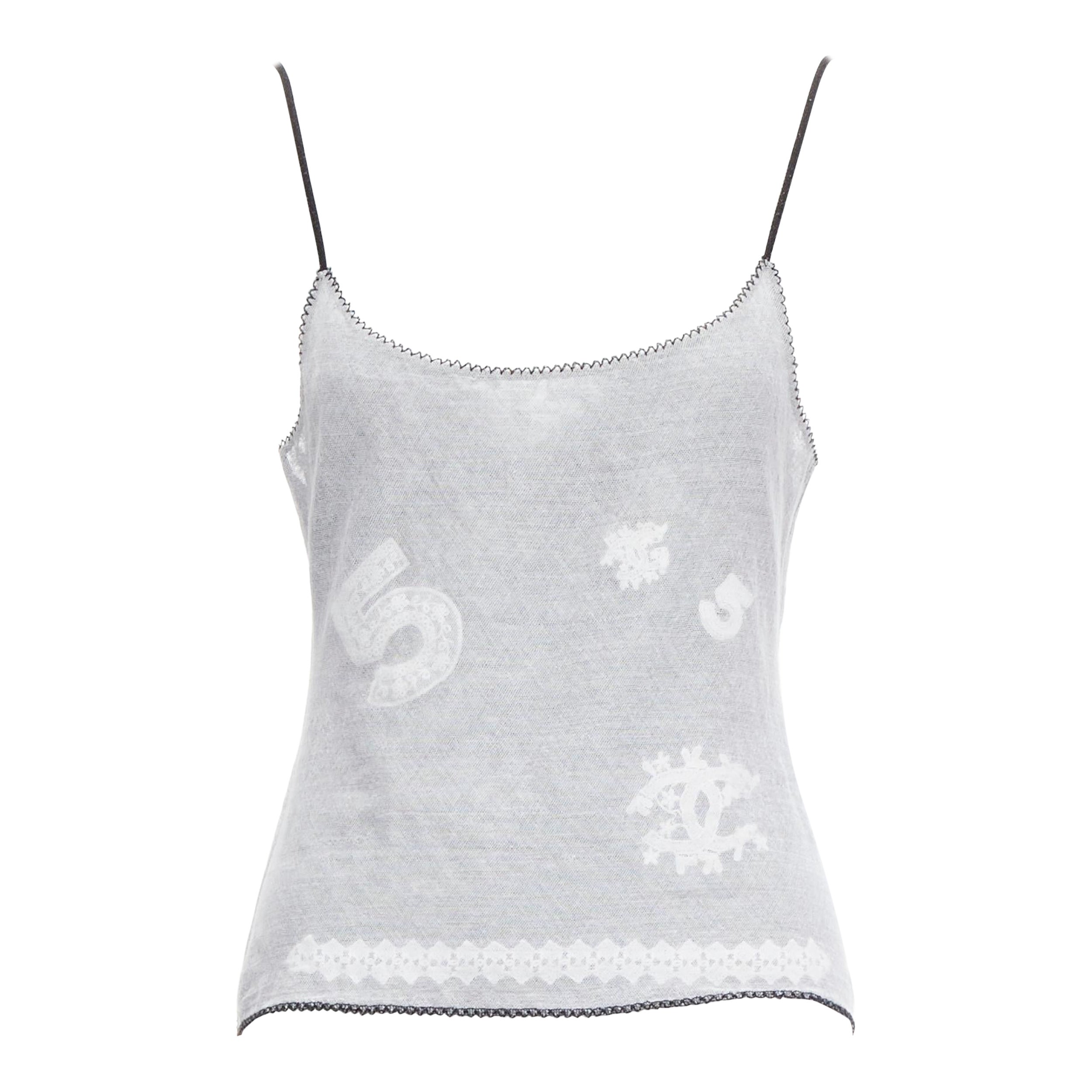 CHANEL 04P Vintage No.5 CC canottiera cami bianca trasparente con finiture nere FR40 L