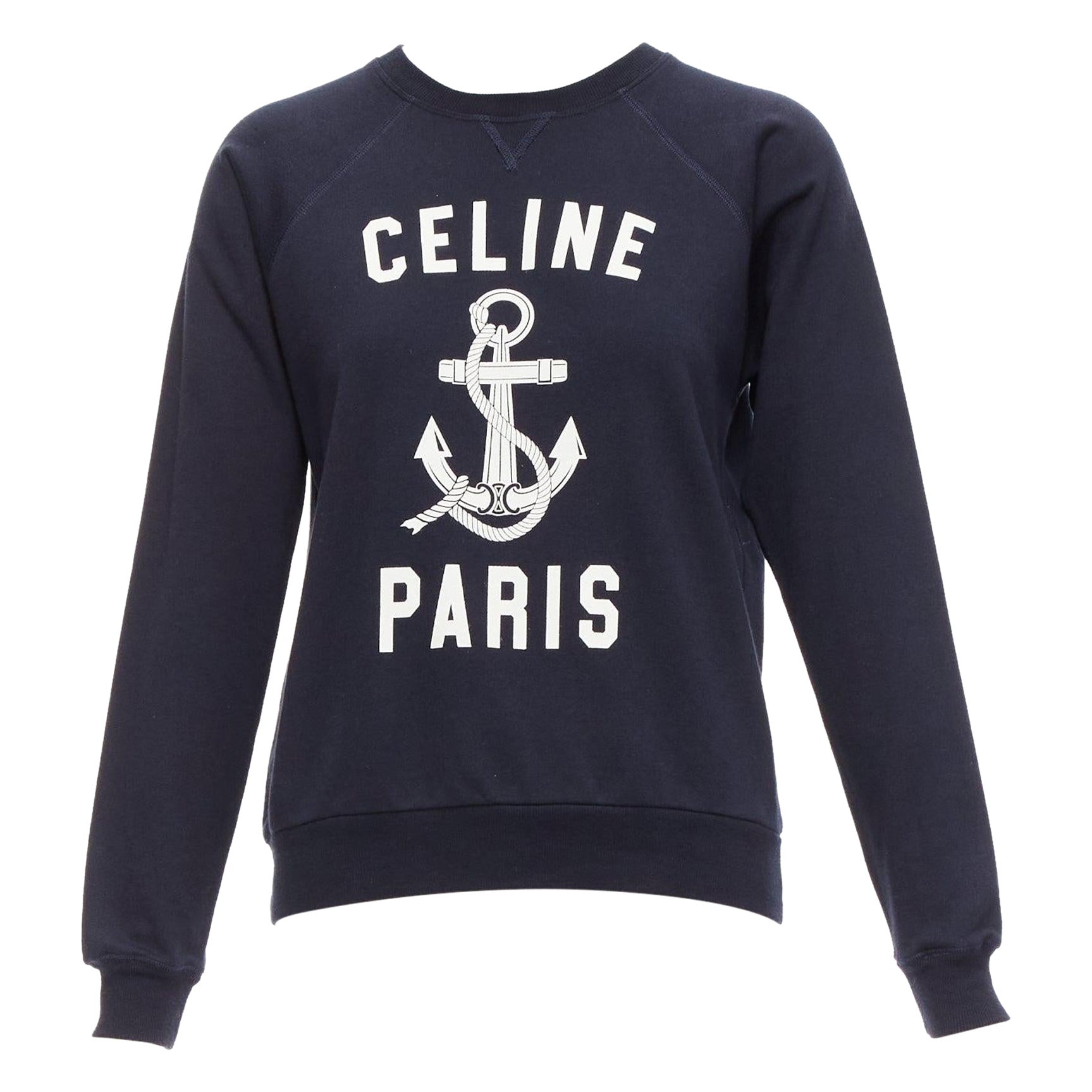 CELINE Anchor navy cotton cashmere logo print crew long sleeve sweatshirt XS For Sale