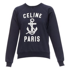 CELINE Anchor Marineblaues langärmeliges Pulloverhemd aus Baumwolle und Kaschmir mit Logodruck und Logodruck XS