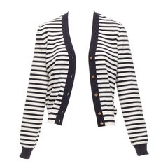 CHANEL black white striped cotton blend gold CC buttons cardigan FR38 M