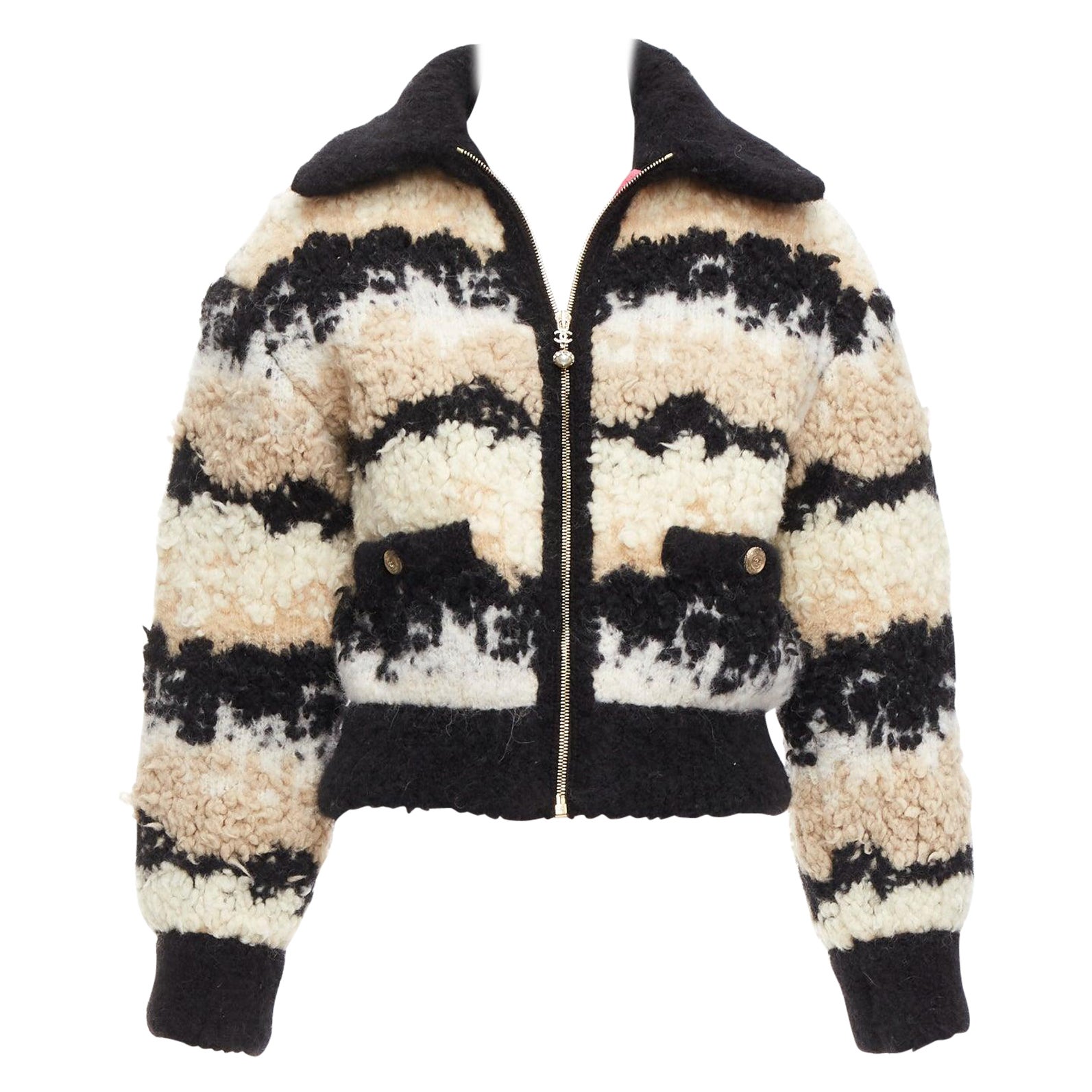 CHANEL 20N Coco Neige CC pearl zip cream wool cashmere cropped bomber FR34 XS For Sale