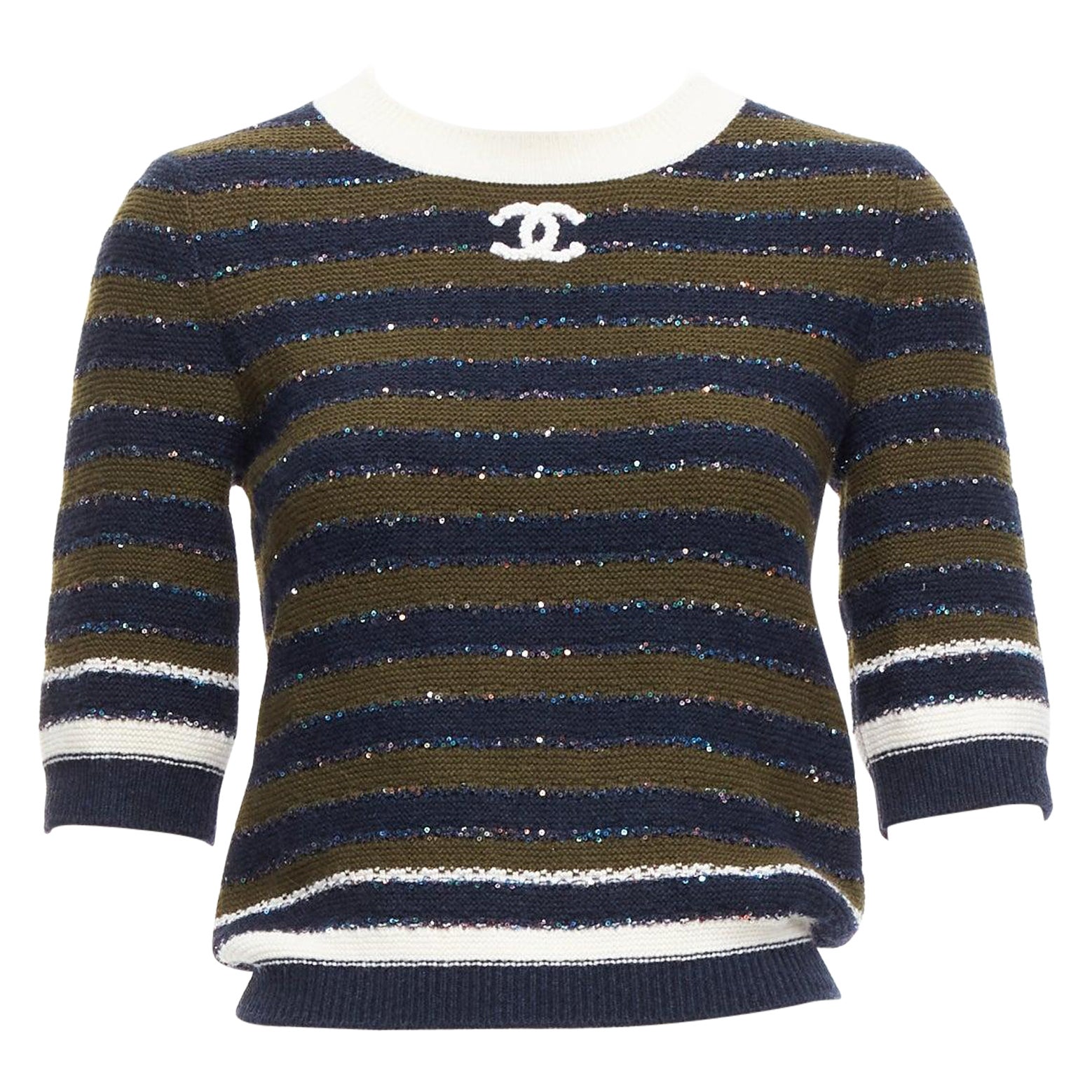 Chanel 20C marine kaki paillettes cachemire mélange CC logo rayures pull crop FR34 XXS
