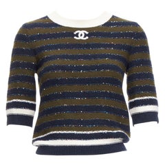 Chanel 20C marine kaki paillettes cachemire mélange CC logo rayures pull crop FR34 XXS