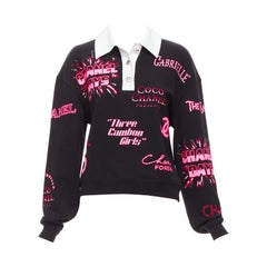 CHANEL neon pink black CC logo graphic cotton 5 silver button polo shirt S