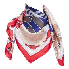 CHANEL 100% silk red blue lion statue palm trees big square scarf