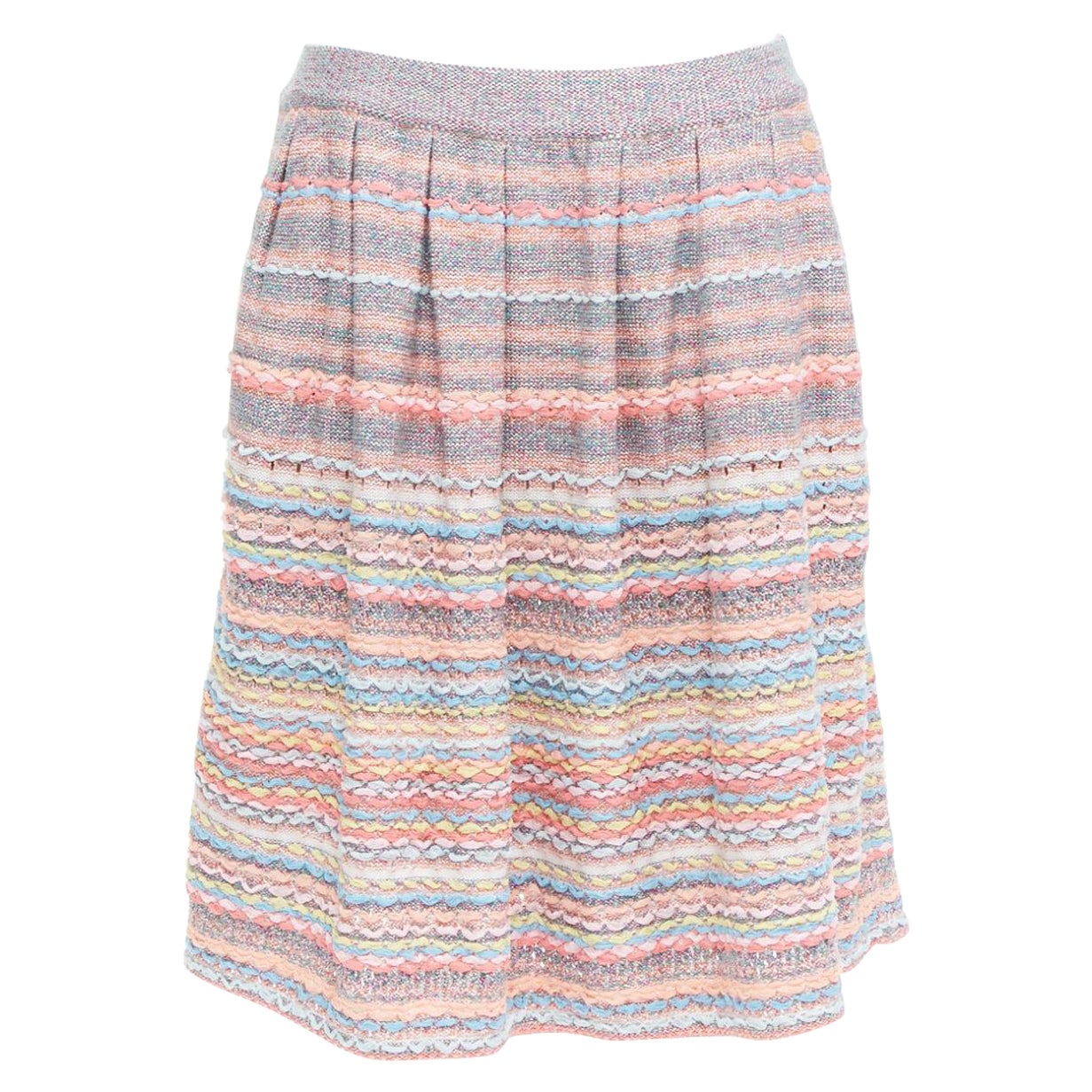 CHANEL 18P rainbow silk cotton cashmere ribbon tweed knee length skirt FR40 L For Sale