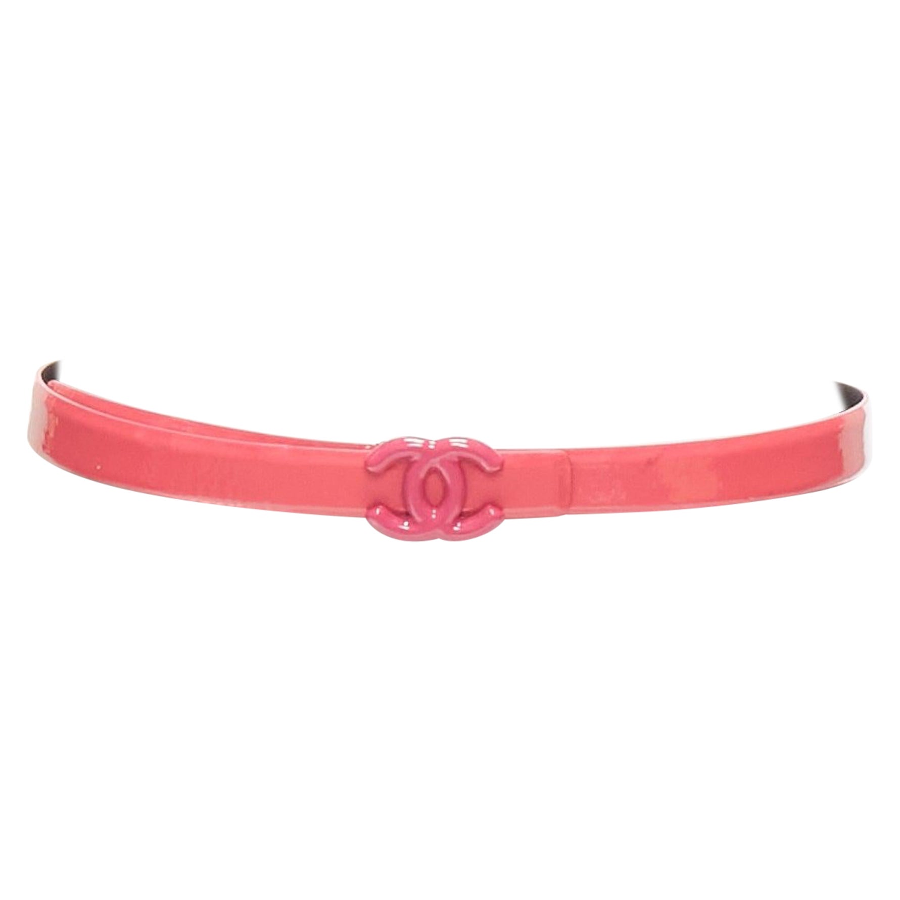 CHANEL B15P hot pink patent leather CC logo buckle skinny belt 70cm