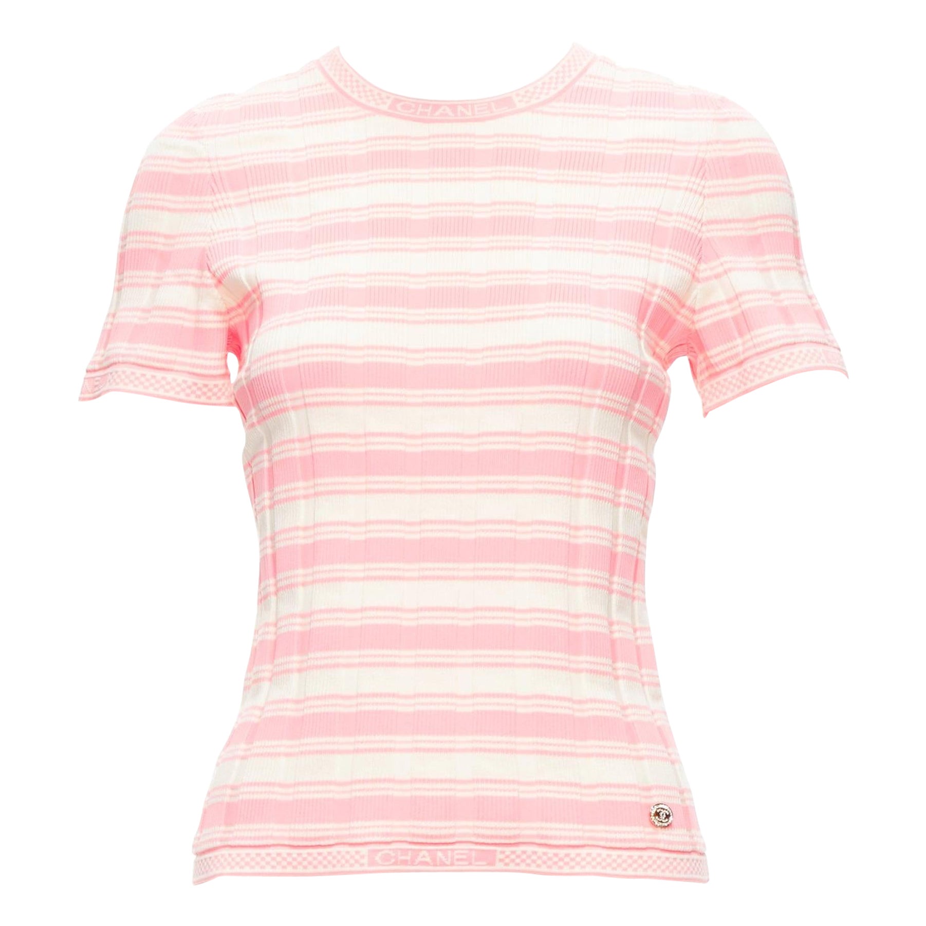 CHANEL 23C white pink stripe logo charm short sleeve ribbed sweater FR40 L
