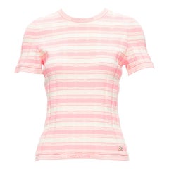 CHANEL 23C white pink stripe logo charm short sleeve ribbed sweater FR40 L