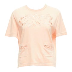 CHANEL 2020 peach pink macrame hollow logo cropped pocketed tshirt FR38 M