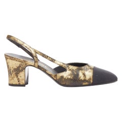 CHANEL gold black calfskinleather CC toe cap sling kitten pumps EU38