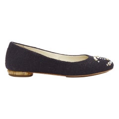 CHANEL black tweed crystal CC embellished logo round toe flat shoes EU35