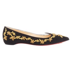 CHRISTIAN LOUBOUTIN nero ricamo oro pelle scamosciata ballerine a punta EU35.5
