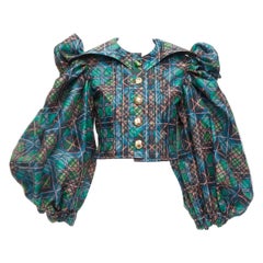 CHOPOVA LOWENA green plaid tartan gold textured button puff sleeve crop shirt S