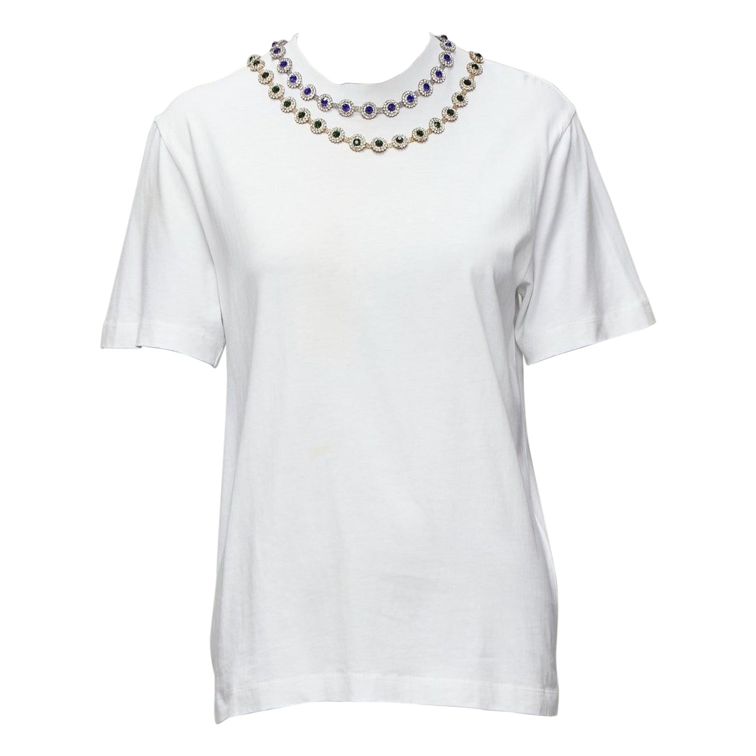 CHRISTOPHER KANE white cotton mixed rhinestone tromp loeil necklace tshirt M For Sale