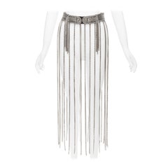 CHRISTOPHER KANE silver multi chain stud front black leather fringe belt S