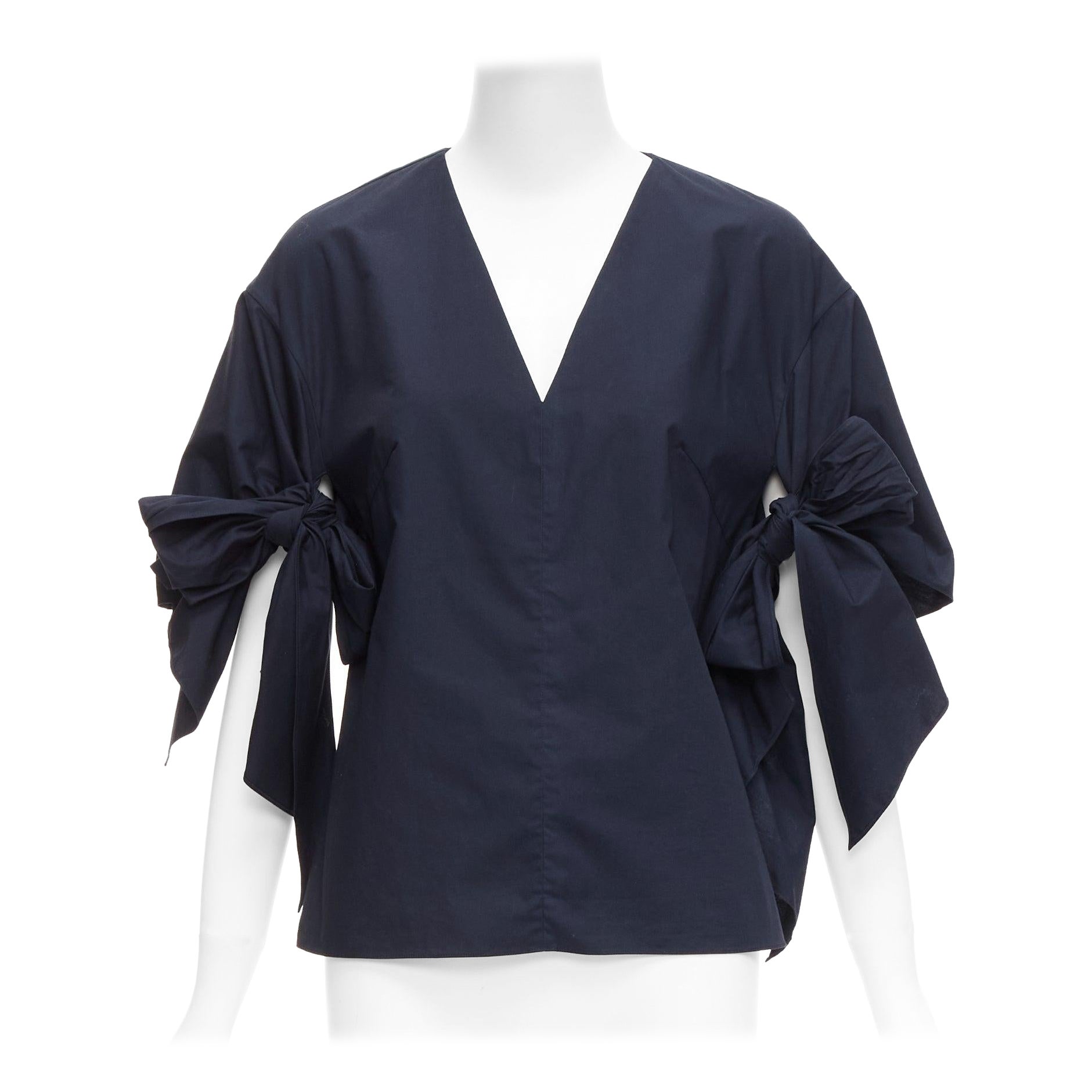 DELPOZO navy cotton knot tie sleeves V neck relaxed top FR36A S For Sale
