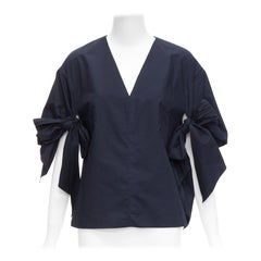 DELPOZO navy cotton knot tie sleeves V neck relaxed top FR36A S