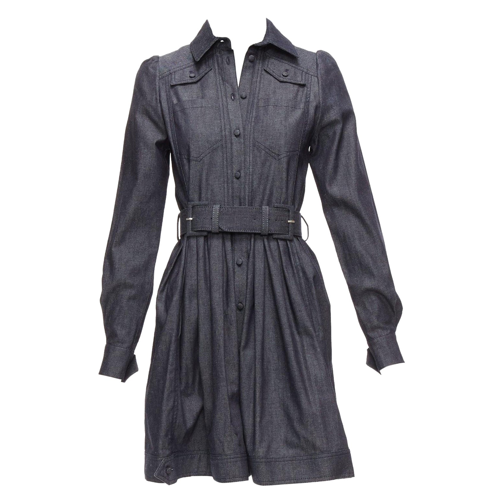 DICE KAYEK dark blue cotton denim pleated front pocketed safari dress FR34 XS For Sale