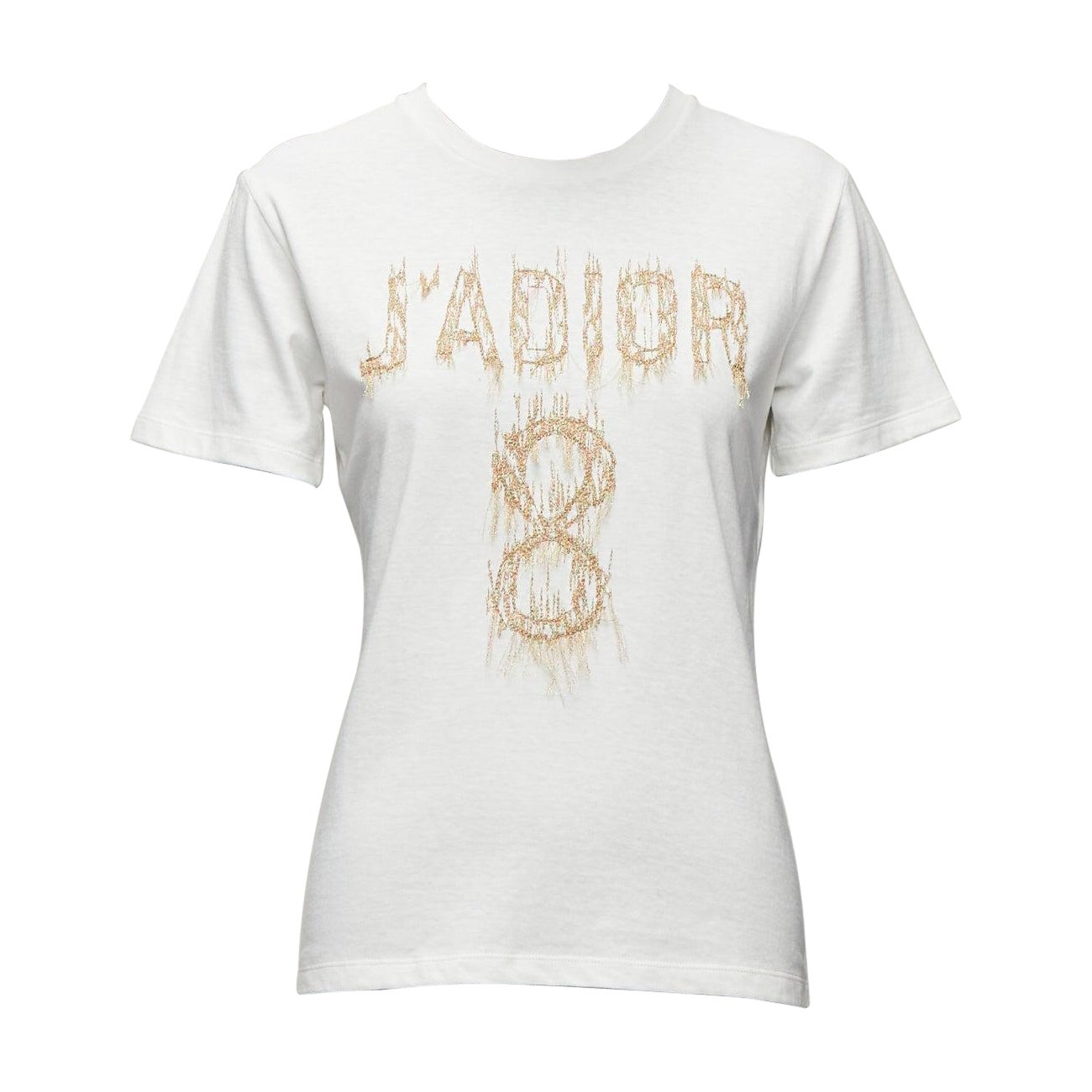 CHRISTIAN DIOR Jadior 8 gold lurex embroidery white cotton linen tshirt XS For Sale