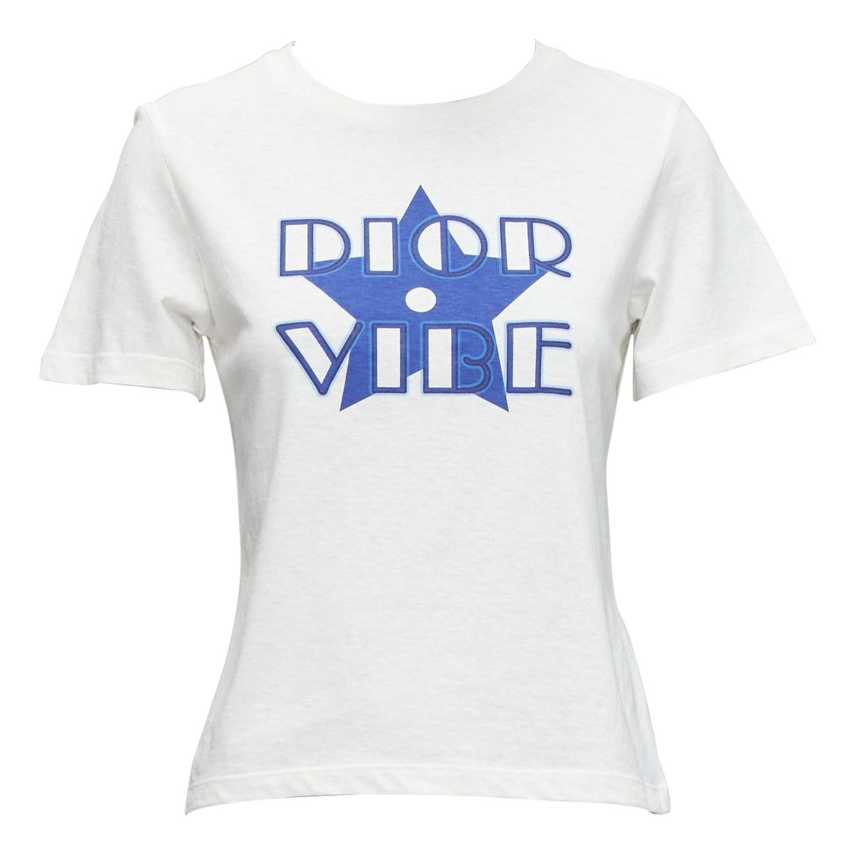 DIOR Vibe blue star logo graphic print white cotton linen short sleeve tshirt XS For Sale