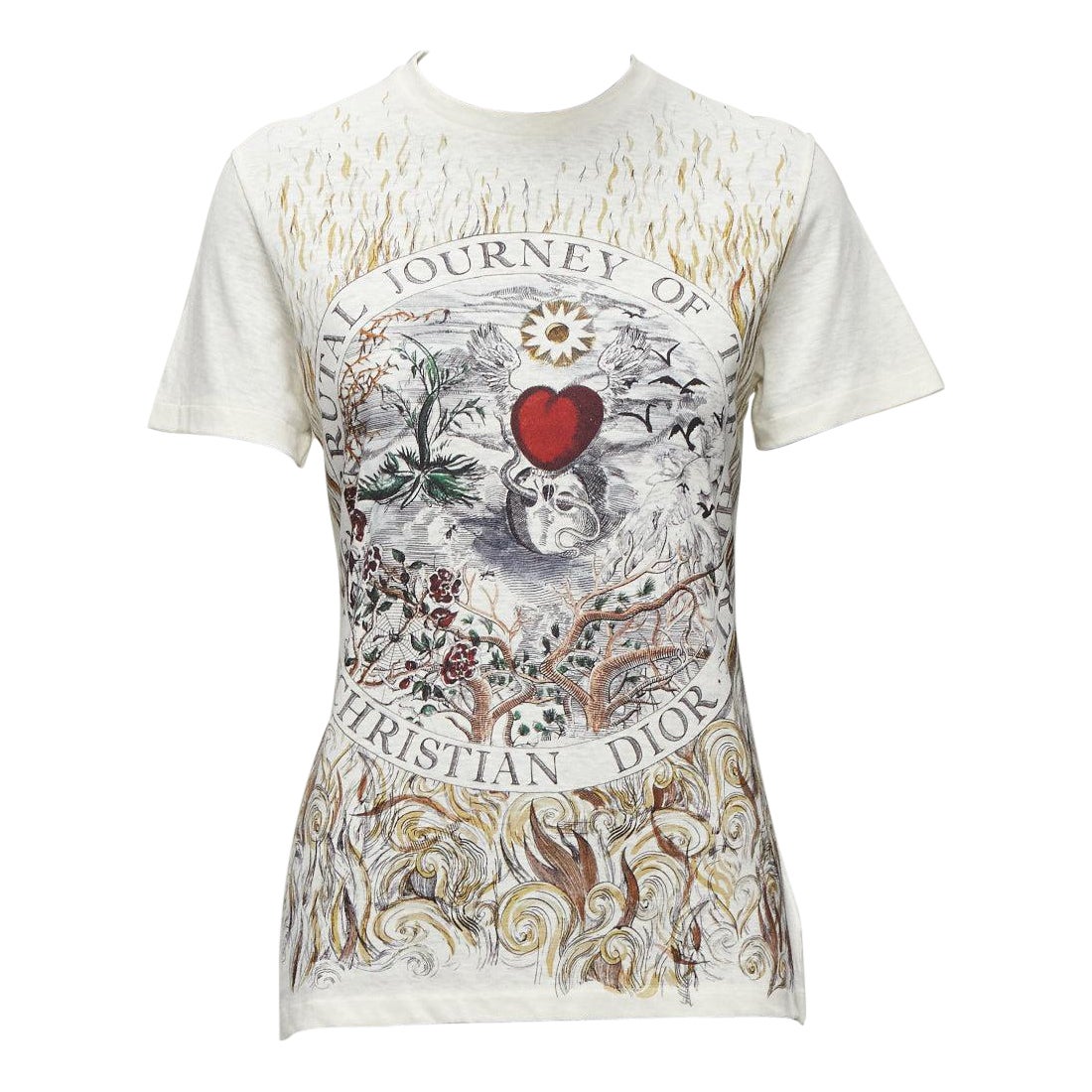 DIOR Brutal Journey OF The Heart graphic print ecru cotton linen tshirt XS For Sale