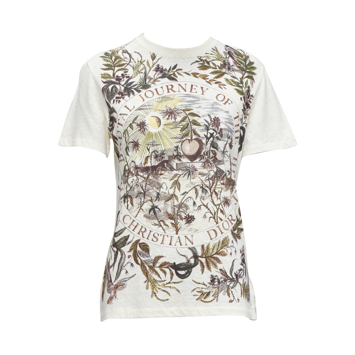 CHRISTIAN DIOR cream cotton linen brutal journey of the heart crew tshirt S For Sale