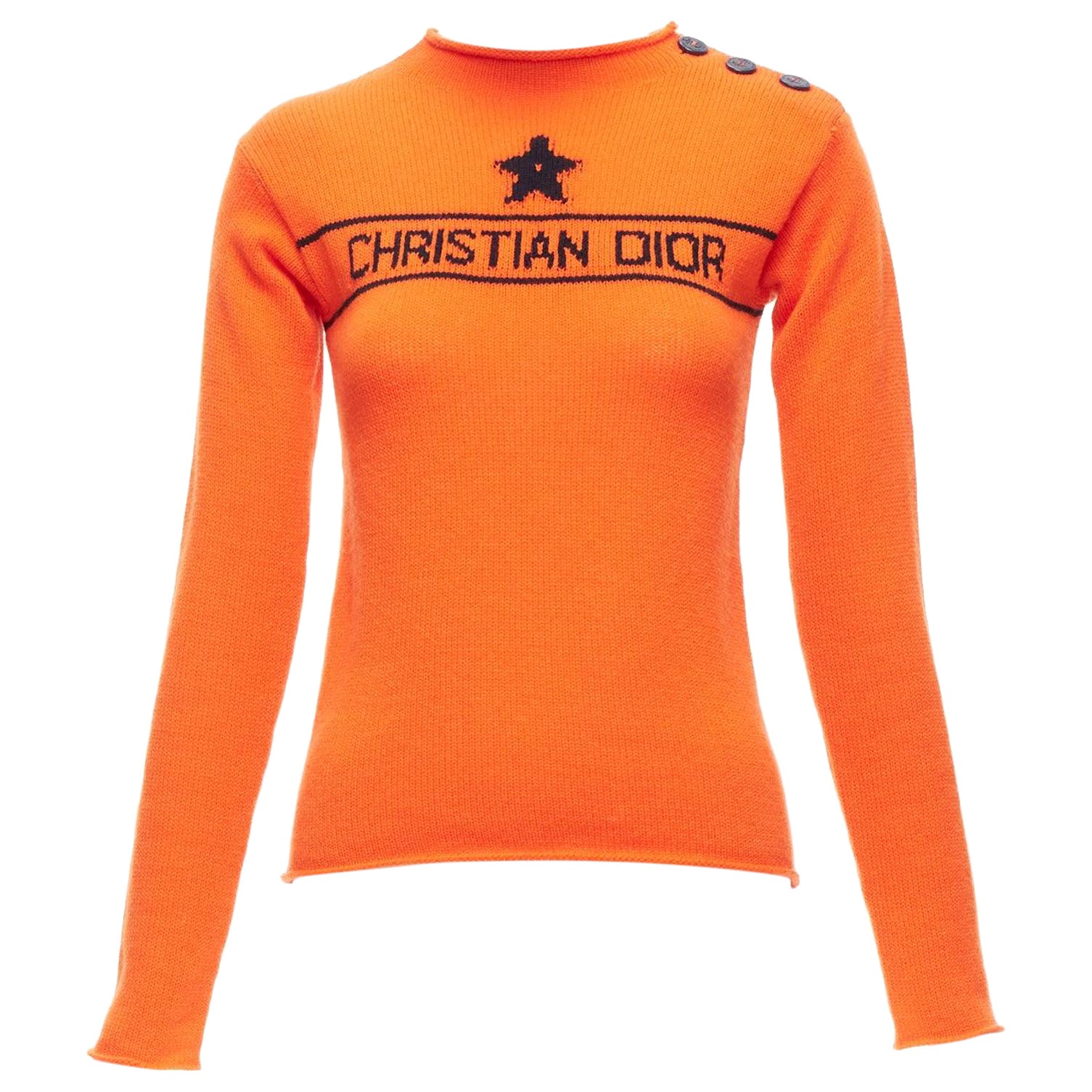 CHRISTIAN DIOR 100% cashmere orange star logo long sleeve button sweater FR For Sale