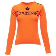 CHRISTIAN DIOR 100% cashmere orange star logo long sleeve button sweater FR