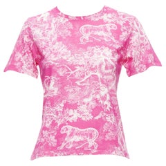 DIOR Toile de Jouy pink tree tiger print cotton linen casual tshirt XS