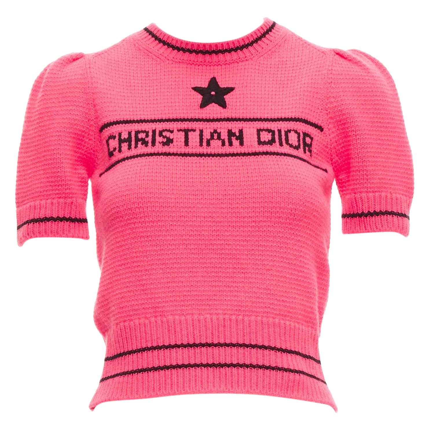 CHRISTIAN DIOR 100% cashmere pink black logo puff sleeve crop sweater FR34