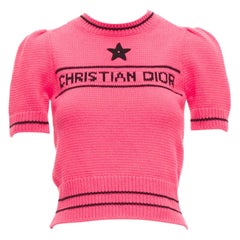 CHRISTIAN DIOR 100% cachemira rosa negro logotipo manga abullonada jersey crop FR34