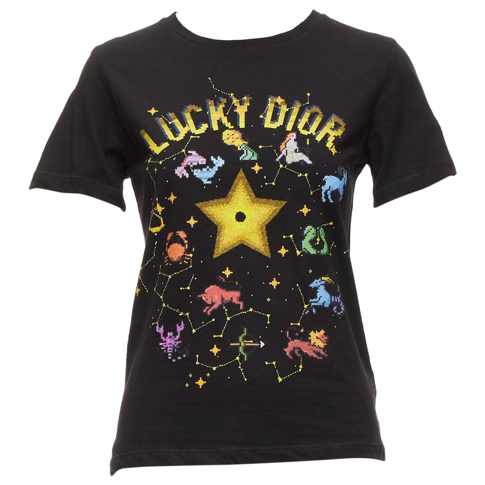 DIOR Lucky Dior gelbes Logo Astrologie Stern Biene Druck Rundhalsausschnitt tshirt XS im Angebot