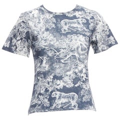 DIOR Toile De Jouy navy white tree tiger print cotton linen casual tshirt XS
