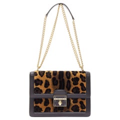 DOLCE GABBANA braune Samttasche mit Leopardenmuster und schwarzem Lederüberschlag mit Kette