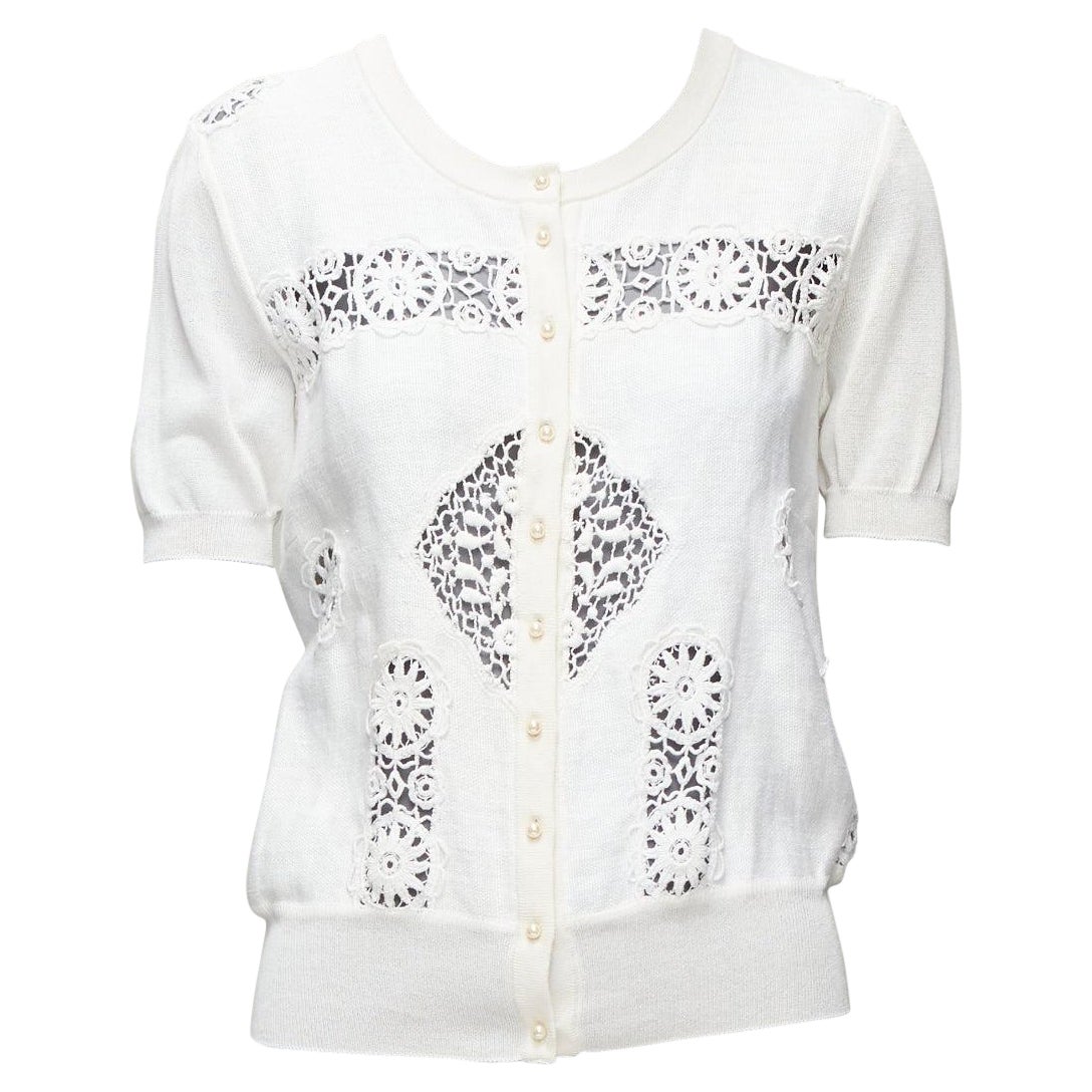 DOLCE GABBANA lace eyelet pearl buttons short sleeve cardigan sweater IT44 L For Sale